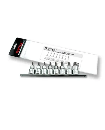 Набір біт п'ятигранних, впресованних в головку 1/2" TORX T20-T55 з отвором 8од. Toptul Набір біт п'ятигранних, впресованних в головку 1/2" TORX T20-T55 з отвором 8од. Toptul